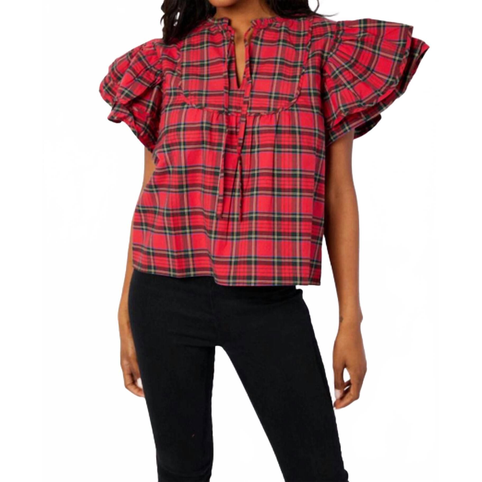 New Sail To Sable Ruffle Sleeve Top In Tartan Plaid